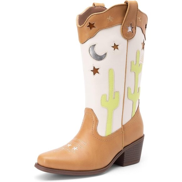 Girls Cowboy Boots Cowgirl Western Boots with Low Heel Square Toe for Little Kid - Picture 1 of 5